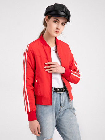 Chaqueta Bomber con cuello levantado  chaqueta de béisbol roja de dos tonos con cremallera  informal  primavera y otoño  ropa de calle rellena de algodón para mujer