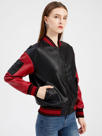 Bomber Jacket Faux Leather Baseball Jacket Oversized Two Tone Zip Up Red Spring Fall Outerwear For Women