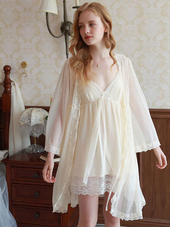 Pajamas & Sleepwear Light Apricot Lace 2-Piece V-Neck 3/4 Length Sleeves Lace Lingerie
