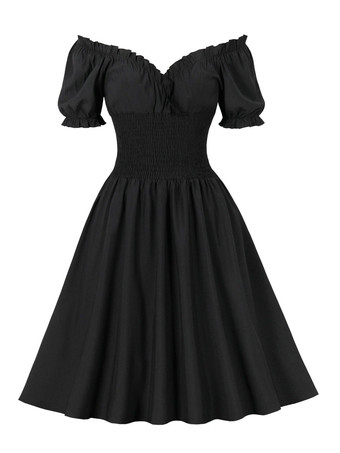Vestido retro años 50 Audrey Hepburn estilo negro mujer manga corta vestido swing