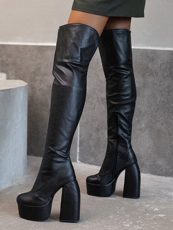 Women's Thigh High Boots Round Toe Platform Stiletto Heel PU Leather