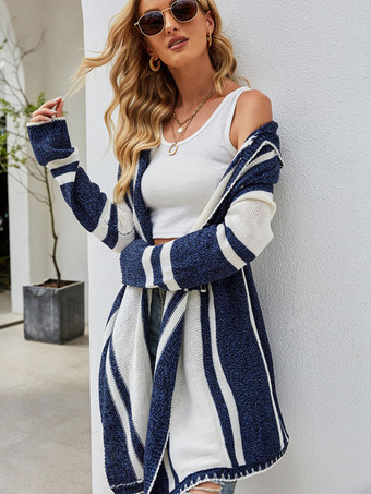 Knit Cardigan Dark Navy Hooded Long Sleeves Stripe Pattern Open Front Casual Relaxed Fit Spring Fall Outerwear For Women