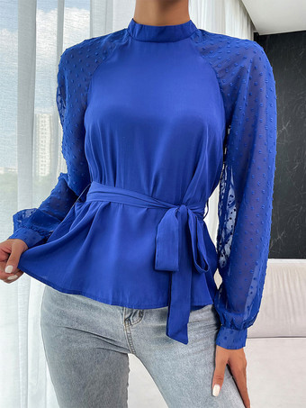 Long Sleeves Tees Blue Lace Up Jewel Neck T Shirt For Women