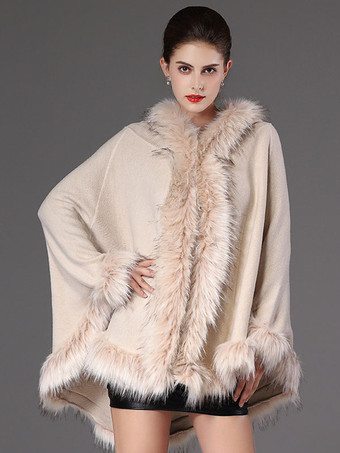 Poncho para mujer  color blanco crudo  capa de cuello de piel de mapache sintética  ropa de abrigo informal de primavera y otoño para mujer