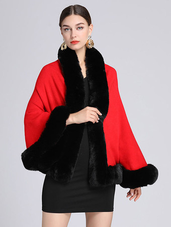 Women's Red Poncho Coat Faux Fur Cape Spring Outerwear