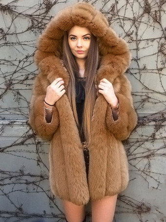 Faux Fur Coat Hooded Winter 2023 Midi Outerwear For Women
