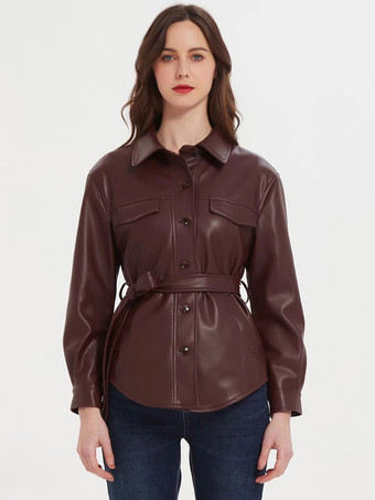 Camisa de cuero de imitación Jackt Borgoña PU Turndown Collar Button Casual Belt Spring Fall Street prendas de vestir exteriores para mujeres