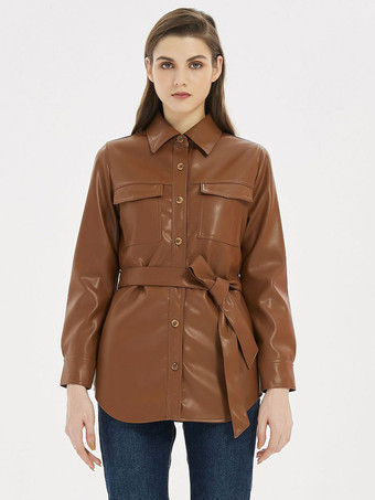 Chaqueta tipo camisa de piel sintética café marrón Turndown Collar PU Slim Fit manga larga Casual cinturón primavera otoño ropa de abrigo para mujer