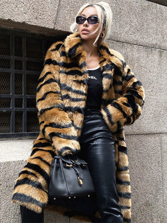 Faux Fur Coat Tiger Print Winter Midi Outerwear For Women 2023