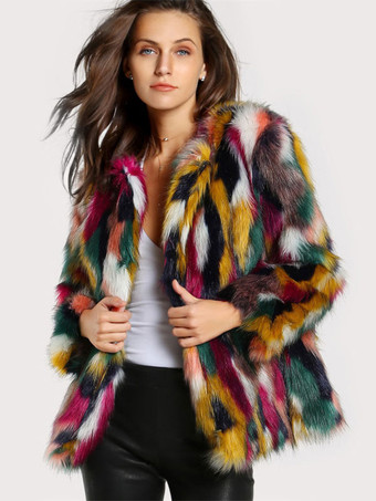 Cappotto invernale in peluche a blocchi di colore in pelliccia sintetica per donna