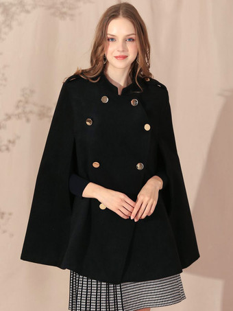 Black Poncho Coat Double Breasted Cape Spring Outerwear For Women