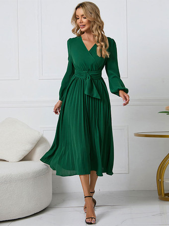 Skater Dresses V-Neck Green Sexy Long Sleeves Fit And Flare Dress