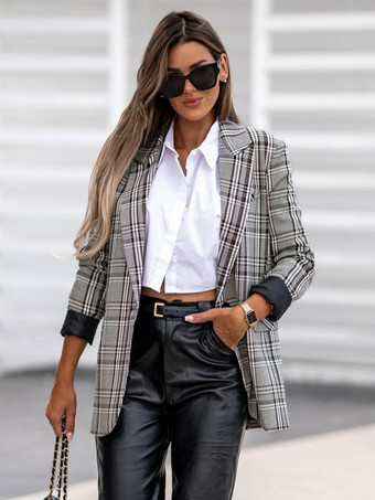 Blazer Pour Femme Moderne Col Rabattu Poches Manches Longues Plaid Polyester Survêtement