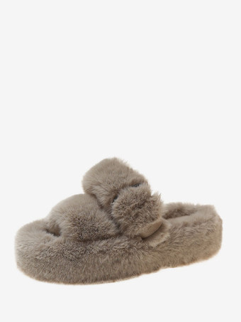 Pantuflas planas de invierno con punta abierta gris Fluff Slide para mujer