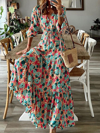 V-Neck Maxi Dress Long Sleeves Casual Printed Long Dress
