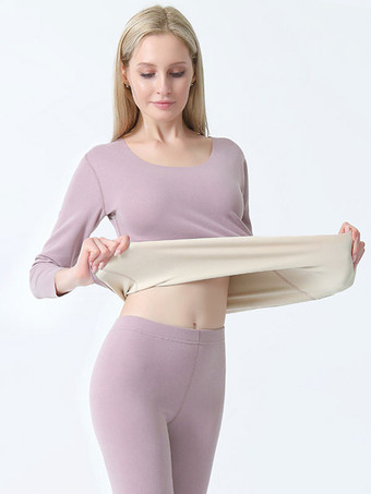 Home Wear Sets Thermal Underwear Pink Jewel Neck Long Sleeves Winter Daily Casual Tops And Pants