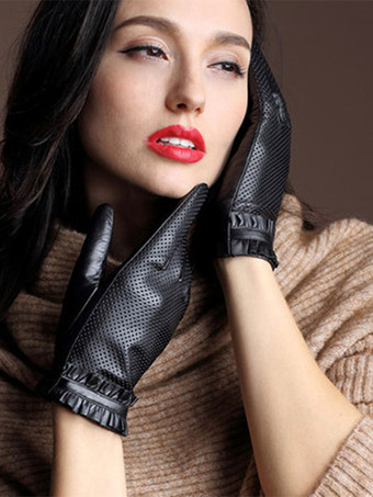 Ruffles Ladies Winter Leather Waterproof Short Gloves For Women