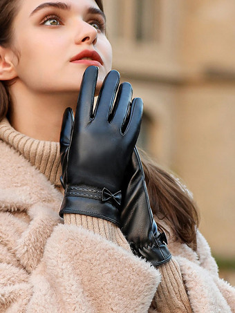 Bows Ladies Warm Heated Winter Leather Waterproof Short Gloves For Women