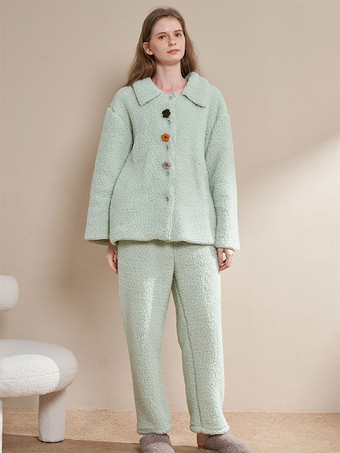 Home Wear 2-Piece Turndown Collar Long Sleeves Women Winter Warm Loungewear