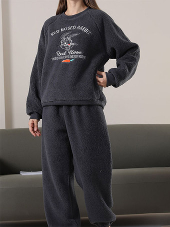 Home Wear 2-Piece Jewel Neck Long Sleeves Animal Print Women Winter Warm Loungewear