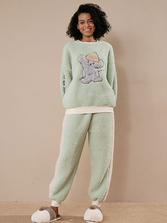 Home Wear 2-Piece Jewel Neck Long Sleeves Animal Print Women Winter Warm Loungewear