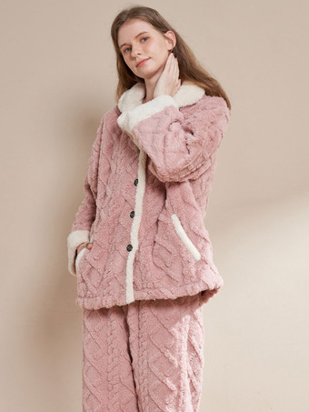 Home Wear 2-Piece Turndown Collar Long Sleeves Color Block Women Winter Warm Loungewear