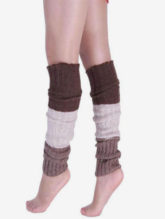 Coffee Brown Color Block Socks 1 Pair Women Leg Warm Knitted Autumn Winter Windproof Cold Resist Boot Cuffs For Yoga