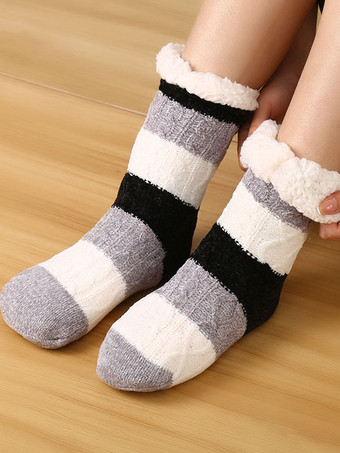 Black Stripes High Quality Fluffy Knit Winter Thick Warm Cozy Fuzzy Calcetines Felpa Floor Invierno Women Socks
