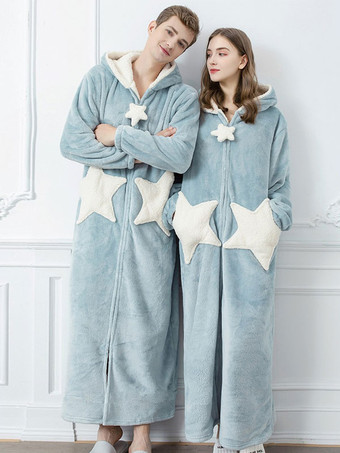 Home Wear Hooded Long Sleeves Color Block Flannel Winter Warm Loungewear