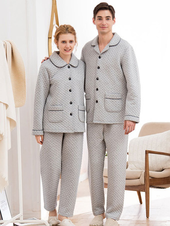 Home Wear 2-Piece Turndown Collar Long Sleeves Color Block Cotton Women WInter Warm Loungewear