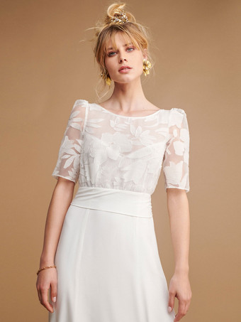 Ivory Boho Wedding Dress Lace A-Line With Train Backless Short Sleeves Jewel Neck Bridal Dresses Free Customization