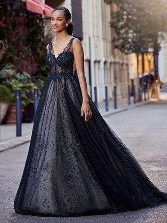 Black Wedding Dresses Lace A-Line Sleeveless With Train Bridal Gown Free Customization