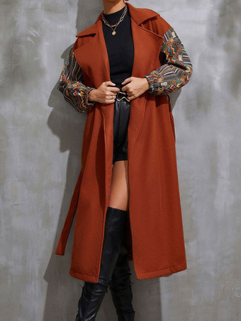 Outerwear For Woman Coffee Brown Printed Maxi Coat