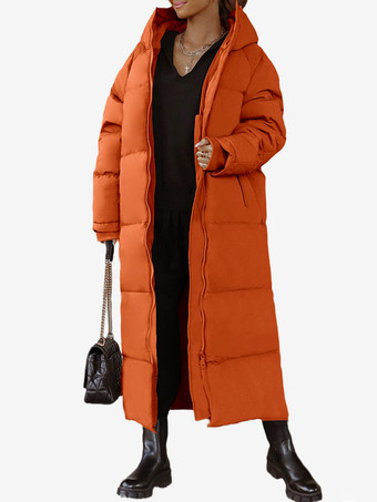 Long Puffer Coats Orange Hooded Winter Outerwear For Women
