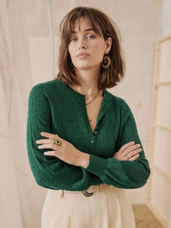 Women's Pullover Sweater Dark Green Buttons Jewel Neck Long Sleeves Wool Sweaters