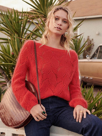 Suéteres para mujer Suéteres de lana de manga larga con cuello joya recortada roja
