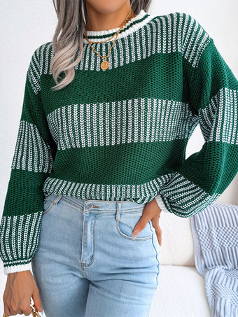 Women Pullover Sweater Green Two-Tone Jewel Neck Long Sleeves Acrylic Sweaters