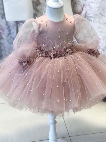 Flower Girl Dress Lace Jewel Neck Long Sleeves Cameo Pink