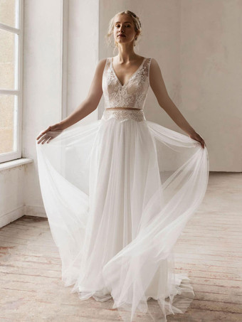 Ivory Boho Wedding Dress Lace Lace A-Line With Train Raised Waist Wedding Dress Functional Buttons Sleeveless V-Neck Free Customization
