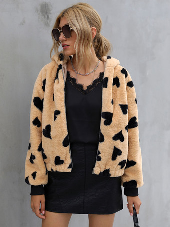 Faux Fur Coats Heart Print Winter Outerwear For Women