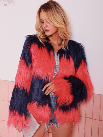 Faux Fur Coats Ture Red Long Sleeves Two-Tone Women Coat