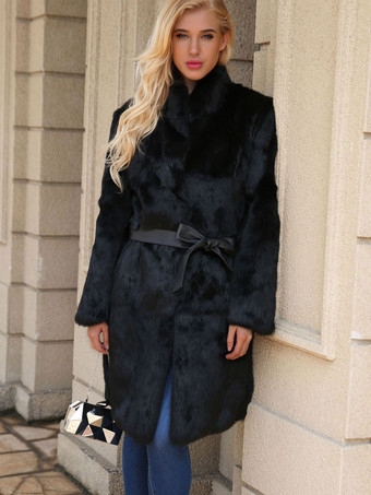 Faux Fur Coats Stand Collar Black Winter Warm Outerwear