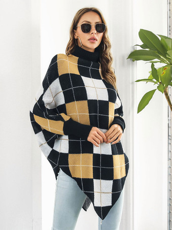 Plaid Poncho High Collar Oversized Cape Spring Outerwear For Women