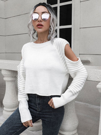 Suéteres para mujer Suéteres acrílicos de manga larga con cuello joya recortada blanca