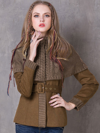 Boho Jacket Camel Stand Collar Sash Winter Warm Outerwear