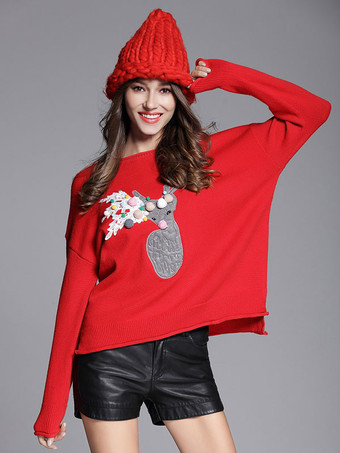 Natale 2023 Maglione pullover Top in maglia rossa da donna