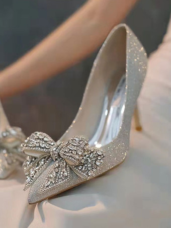 Scarpe da sposa da donna con paillettes argento con punta a punta e strass con fiocco  scarpe da festa con tacco a spillo