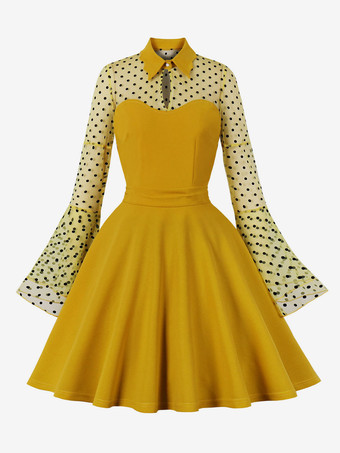 Vestido Vintage 1950s Audrey Hepburn Style Yellow Polka Dot Woman's Long Sleeves Swing Dress