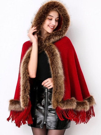 Women Christmas Poncho Hooded Fringe Cape Winter Outerwear 2023