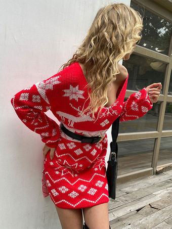 Strickkleid für Damen  schönes Weihnachtsmuster  V-Ausschnitt  lange Ärmel  Acryl-Winterkleider